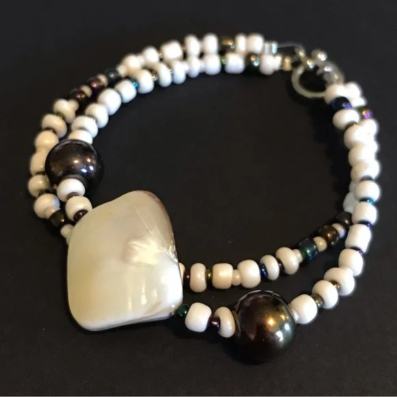 New Handmade Adult / Child Matching Bracelets, Beaded. Cream/Metallic Charcoal - Picture 2 of 10